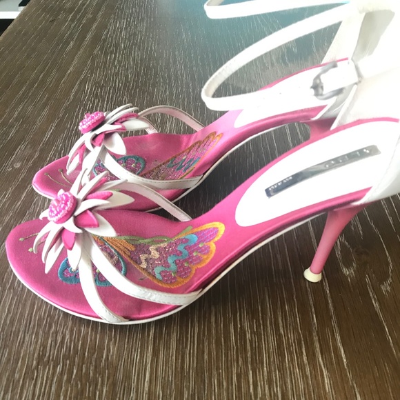 Aldo White Leather Strappy Sandal Heel Fuchsia Pink Silk Interior Lining Size 37 - Picture 3 of 7